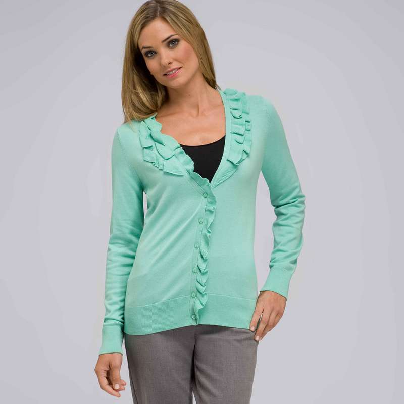 Ruffle Front V-Neck Cardigan, Icy Mint, large