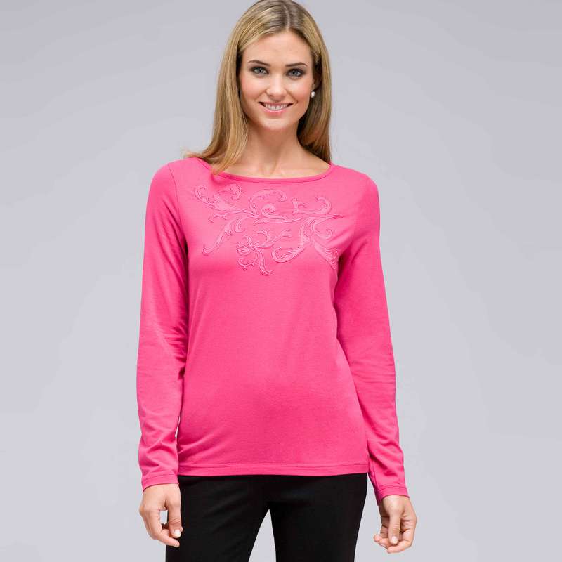 Long Sleeve Embellished Boat Neck Top, Begonia Pink, large