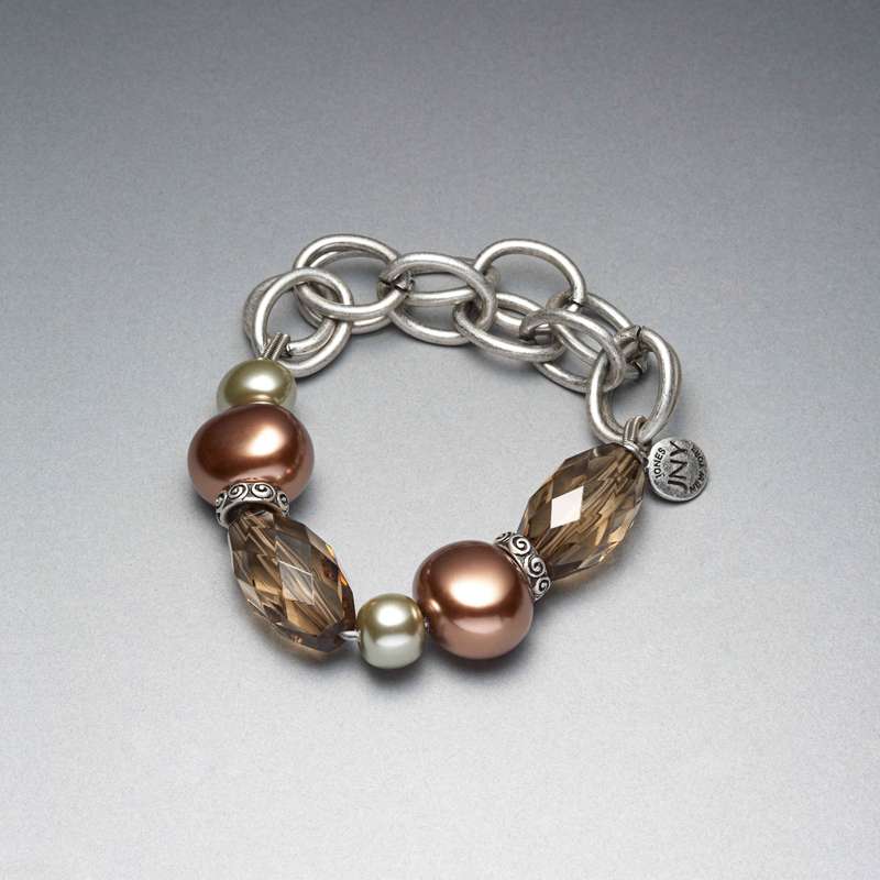 Green and Brown Beaded Frontal Collar Bracelet, Silver Ox, large