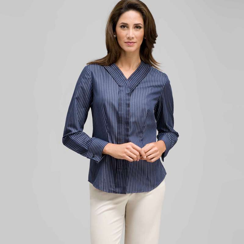 Striped Pleated Ruffle Front Shirt, Admiral Navy & White, large