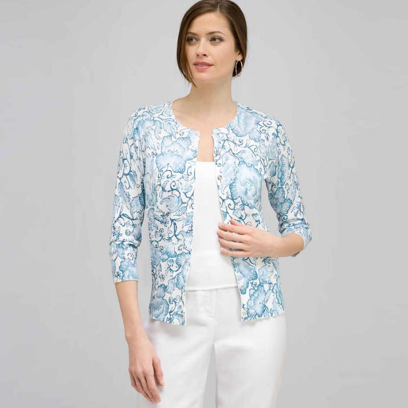 3/4 Sleeve Button Front Crew Neck Cardigan., Multi, large