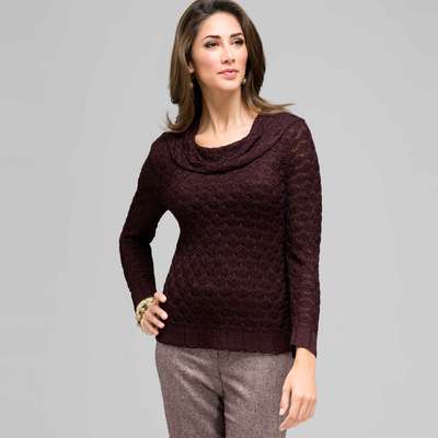 3/4 Sleeve Novelty Pointelle Cowl Neck, Black Multi, medium