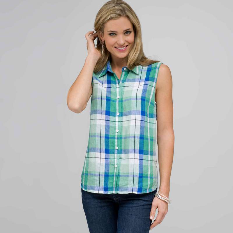 Sleeveless Button Down Shirt, Multi, large
