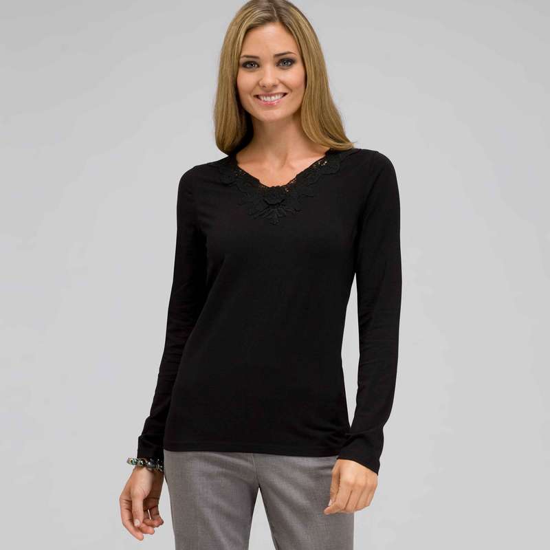 Long Sleeve V-Neck Top, Black, large