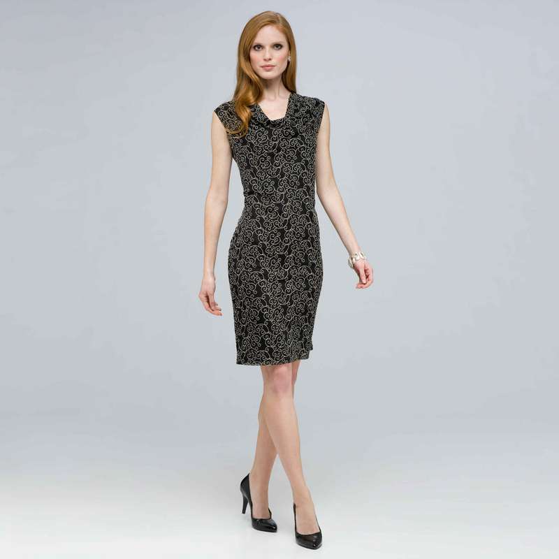 Drape Neck Dress., Black Multi, large