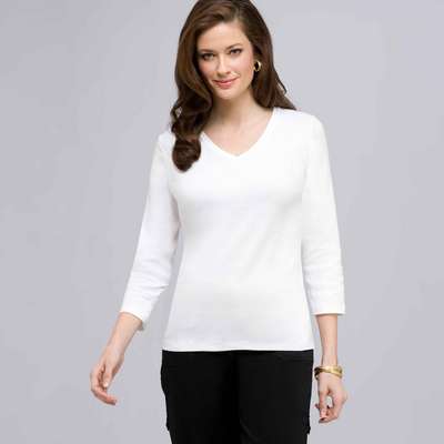 3/4 Sleeve V-Neck Top, White, medium
